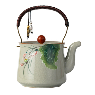 哥窑手绘荷花提梁壶一人用冰裂釉陶瓷家用单壶大容量茶壶中式茶具