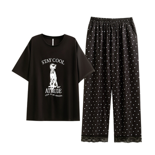 悦内带胸垫睡衣女款夏季夏天冰丝短袖长裤家居服时尚黑色薄款丝绸