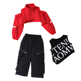 六一女童爵士舞潮服炫酷时尚儿童JAZZ演出服红色短款露肩罩衫外套