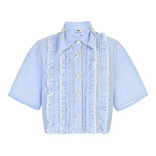 lefame拉飞姆时尚百搭简约条纹短袖衬衫小个子上衣女