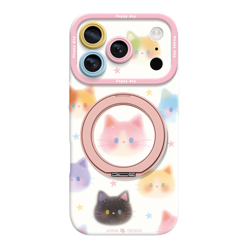 彩色小猫适用iPhone17Promax手机壳新款苹果16Pro磁吸带支架套Bo5液态硅胶支点ip15高级感14可爱13pm全包女
