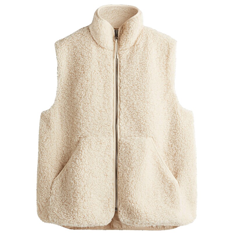 HM女装马甲25冬季冬新款立领拉链泰迪绒慵懒风毛绒绒马夹1284953