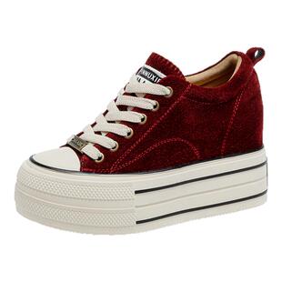 10cm内增高女鞋2026春季爆款红色小个子10cm厚底低帮真皮休闲板鞋