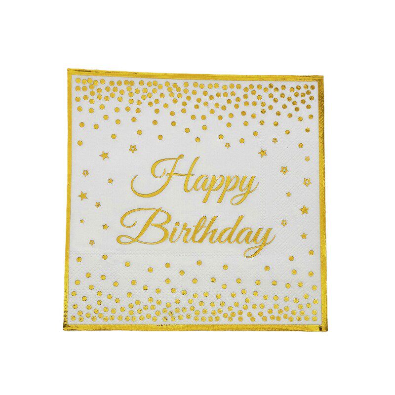 白色happy birthday圆点烫金派对生日主题餐具一次性纸盘纸巾桌布
