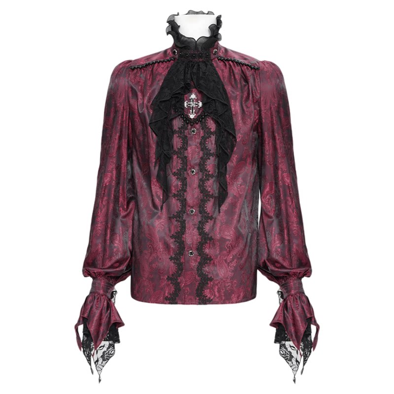 Devil fashion恶魔时尚 哥特可拆领结腰果花红色提花衬衫男SHT140