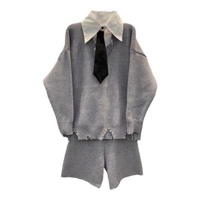 衬衫领毛边毛衣搭毛线短裤套装女