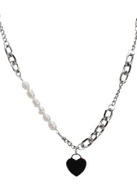 黑色爱心珍珠拼接项链嘻哈潮酷