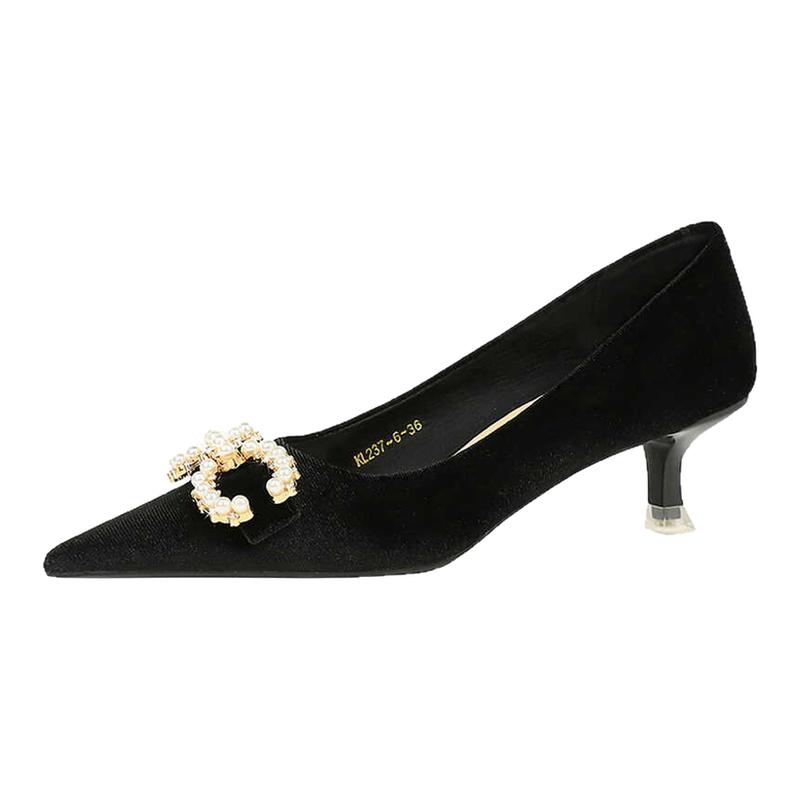 绒面中跟宴会单鞋猫跟鞋尖头韩版