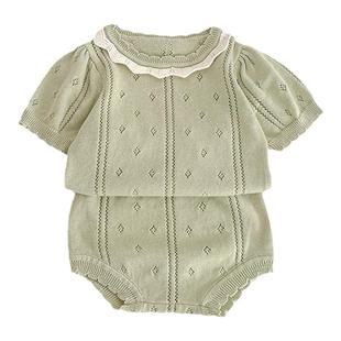 韩版婴儿衣服夏装女宝宝女童针织毛线花边领上衣短裤公主套装薄款