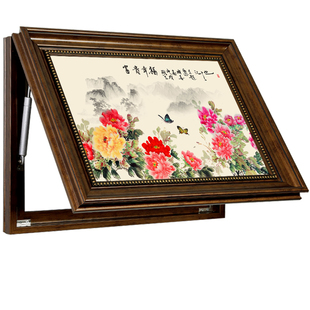 新中式电表箱装饰画棕色框推拉掀开牡丹山水花鸟挂画配电箱免打孔