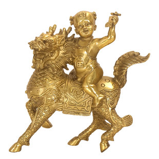 麒麟送子摆件纯黄铜麒麟招财镇宅公母一对金童玉女客厅卧室装饰品