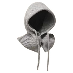 【四季】针织克拉克拉法帽带纽扣女秋冬季韩版保暖护耳包头帽披肩