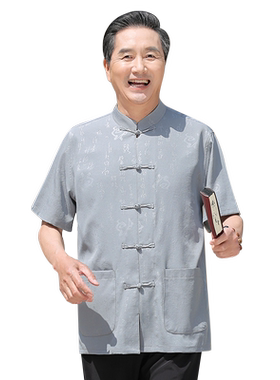 老年唐装男爸爸夏装短袖套装夏季