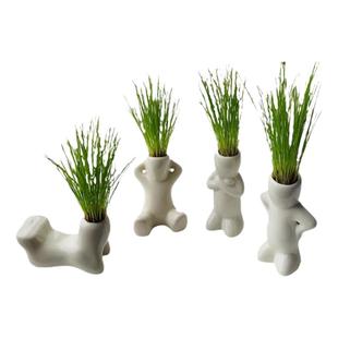 办公室桌面陶瓷小白人动作人迷你种植小盆栽草头娃娃长草种草娃娃