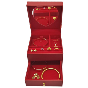 红色结婚五金首饰盒黄金戒指手镯项链三金婚庆嫁娶珠宝首饰套装盒