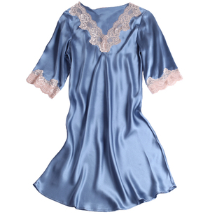 新款杭州丝绸100%桑蚕丝真丝睡裙短袖家居服蓝色女士高级性感蕾丝