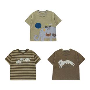 幼悠 男童2026新款小动物印花短袖t恤宽松休闲条纹百搭儿童上衣潮