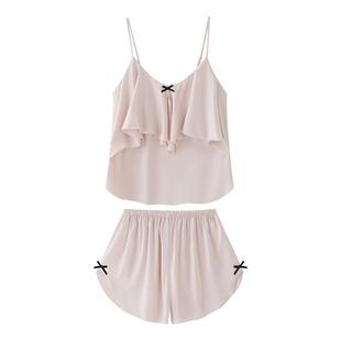 白色性感吊带短裤睡衣女新款夏季凉感冰丝带胸垫可外穿家居服套装