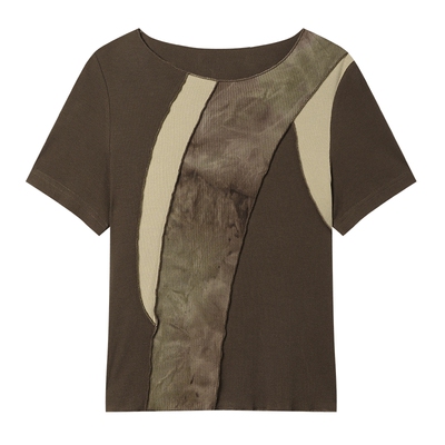 白鹿语撞色拼接扎染风短袖T恤女