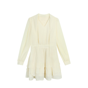 pusumede 浪漫遐想 蝴蝶结系带雪纺连衣裙女V领长袖收腰蛋糕短裙