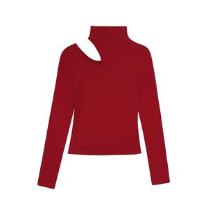 MULVAN 红色设计感高领镂空打底上衣女修身双面磨毛内搭针织衫