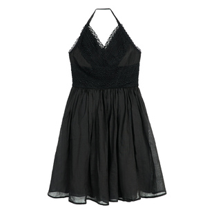 pusumede 美神降临 苎麻蕾丝边挂脖连衣裙女优雅V领露背无袖短裙