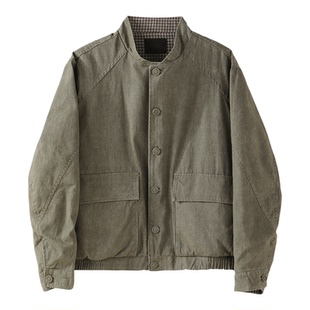 LUUD 纯棉水洗工装大贴袋短宽牛仔外套内里撞色格纹立领夹克男士