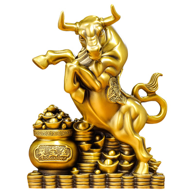 黄铜招财牛摆件聚宝盆聚财旺市金牛生肖办公室旺财工艺品全铜大号