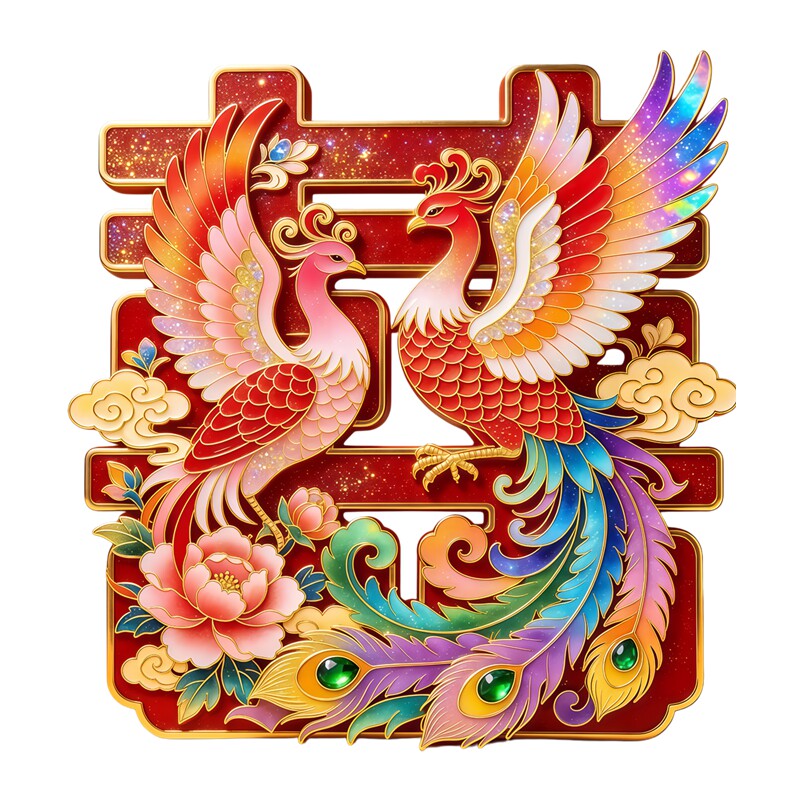 双凤喜字墙贴贴纸鎏金牡丹祥云纹样中式婚房婚嫁喜庆氛围装饰贴画