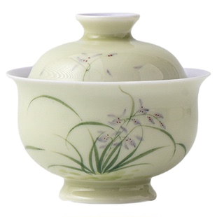 手工陶瓷盖碗釉下彩手绘兰花泡茶碗单个高档茶具泡茶器不烫手