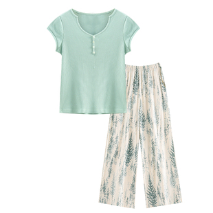 带胸垫睡衣女2025新款夏季纯棉短袖长裤套头时尚气质可外穿家居服