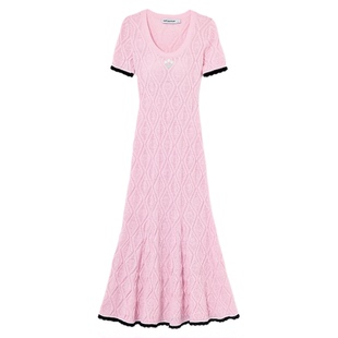 self-portrait 2026春夏新款粉红色撞色饰边短袖针织连衣裙