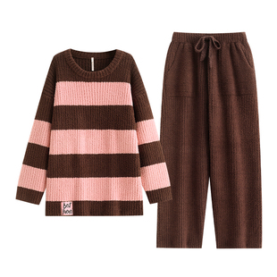 悦内半边绒睡衣女款秋冬季珊瑚绒家居服条纹保暖加绒加厚圆领套头