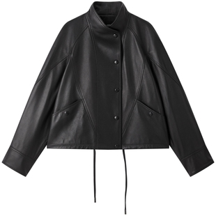 【商场同款】太平鸟绵羊皮革立领皮衣机车服夹克外套女A1BDG1349