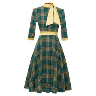 欧美轻熟风优雅气质复古港风年代感格子连衣裙七分袖春秋款中长裙
