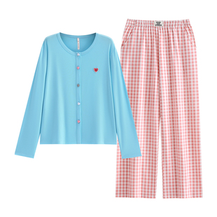 悦内睡衣女士春季春秋款纯棉长袖家居服休闲大码开衫衬衫彩色纽扣