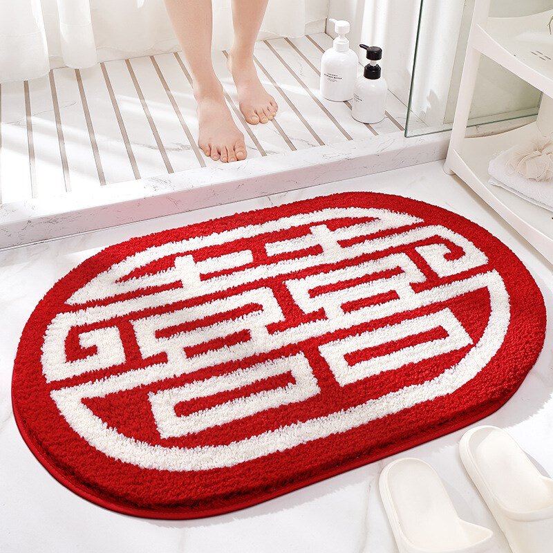 中式婚庆用品地毯浴室吸水地垫家用新婚卧室地毯红色喜字防滑垫