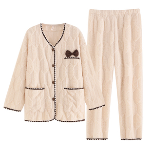 睡衣女冬季珊瑚绒甜美少女开衫宽松家居服秋冬款加厚加绒保暖套装