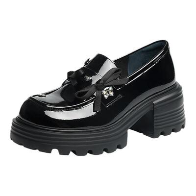 红蜻蜓厚底乐福鞋女款2025新款女鞋超火松糕增高单鞋软皮黑色皮鞋