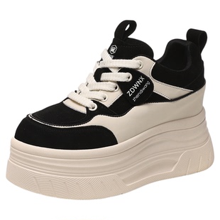 外贸厚底内增高黑色休闲鞋女款真皮2026春秋新款女士运动小白单鞋