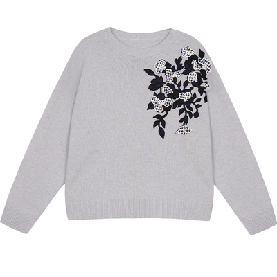 RSG郭培成衣品牌国风千鸟格立体设计芙蓉花灰色高级秋冬保暖毛衣