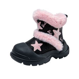 芭比童鞋女童雪地靴2025新款冬季防水加绒保暖公主靴子儿童大棉鞋