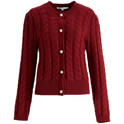 OBEG欧碧倩冬安可拉红色毛衣美丽诺羊毛针织开衫绞花外套10464174