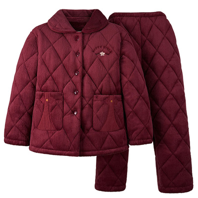 中老年人加绒加厚三层夹棉睡衣