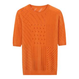 阿绒源100纯羊绒短袖女网眼镂空低圆领套头半袖五分袖贴身打底衫