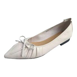 Aee/爱意浅口尖头单鞋女2025新款羊皮瓢鞋舒适平底鞋蝴蝶结