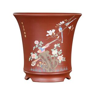 宜兴紫砂花盆陶瓷精品中国风大红袍泥绘兰花盆透气室内高档圆形盆