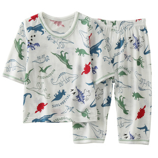 2026新款儿童夏装空调服七分袖裤家居服男童夏季薄款纯棉透气睡衣