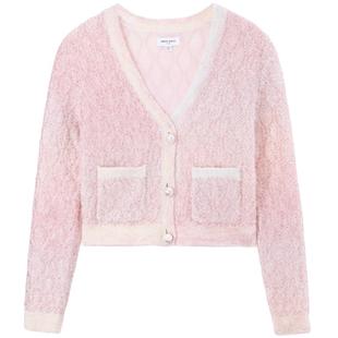 Miss Sixty段染珠片纱针织衫女V领短款珍珠纽扣上衣温柔粉红色