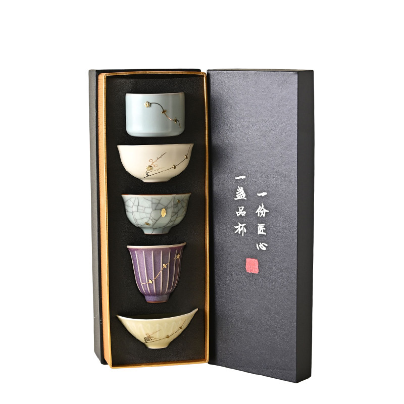 陶迷五大名窑锔钉杯故宫文创茶杯汝窑主人杯精致品茗杯礼盒套装杯